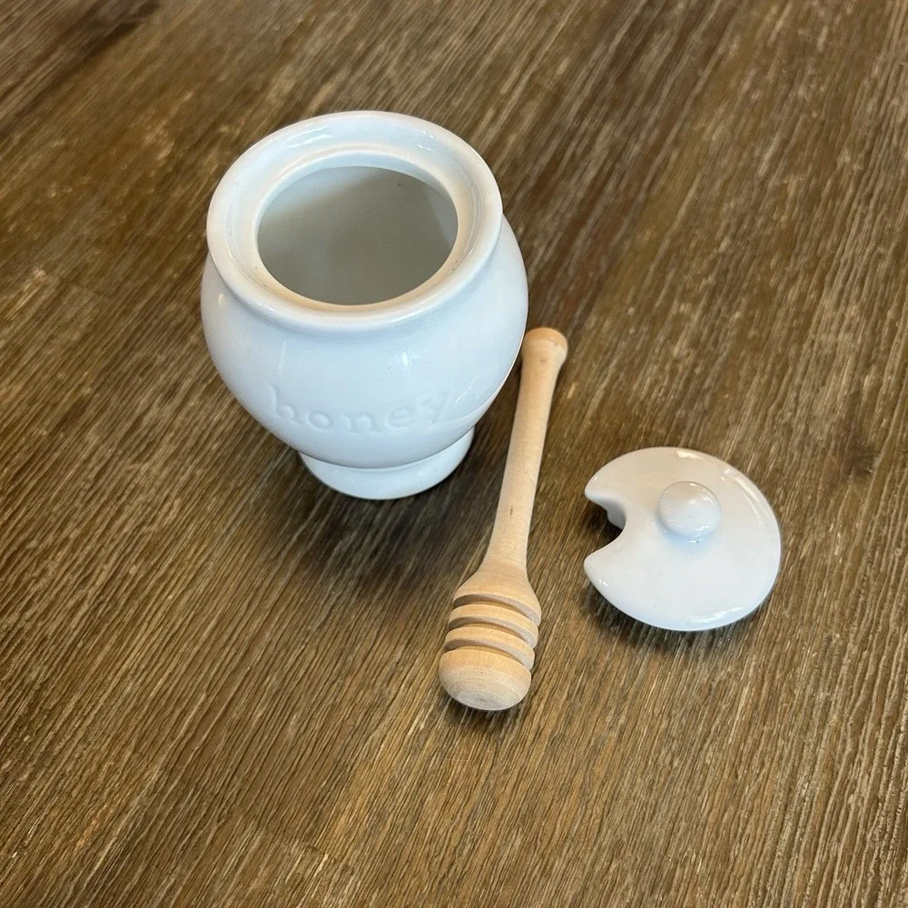 Pottery Barn Great White Honey Pot Jar Lid Wooden Dipper 3.5